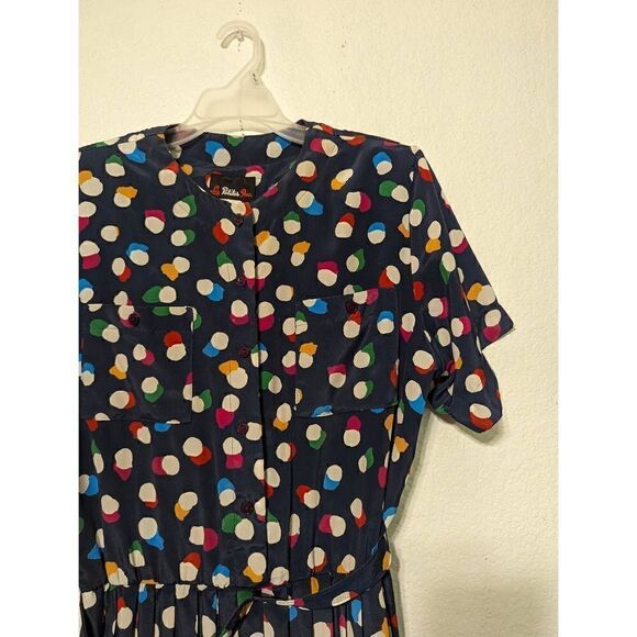 Vintage Women's Abstract Floral Pleated Utility Dress Navy Blue Size 14 - Picture 12 of 15